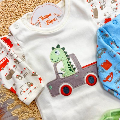 Kit 3 Peças - Bodys Manga Longa Dinos Motoristas - Off White, Azul e Verde